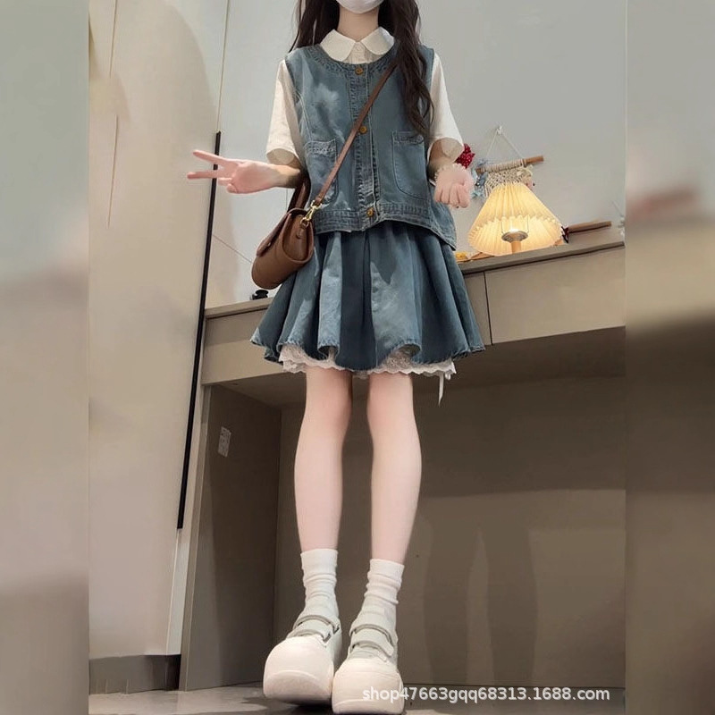 2025 New Summer Korean Style College Style Blue Denim Vest Jacket High Waist Pleated Skirt Two-Piece Set