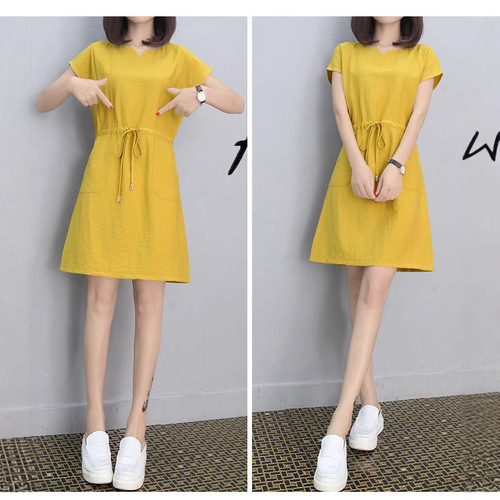 2025 Summer Plus Size Korean Style Loose T-shirt Dress with Drawstring V-neck Slimming and Beautiful Women's Dress