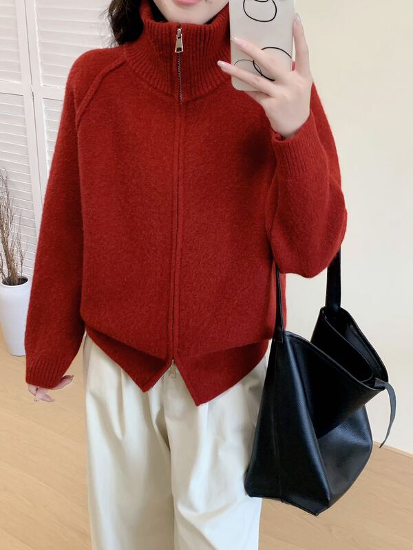 韩版经典毛衣外套秋冬新品女装高级感宽松简约拉链针织开衫上衣|undefined