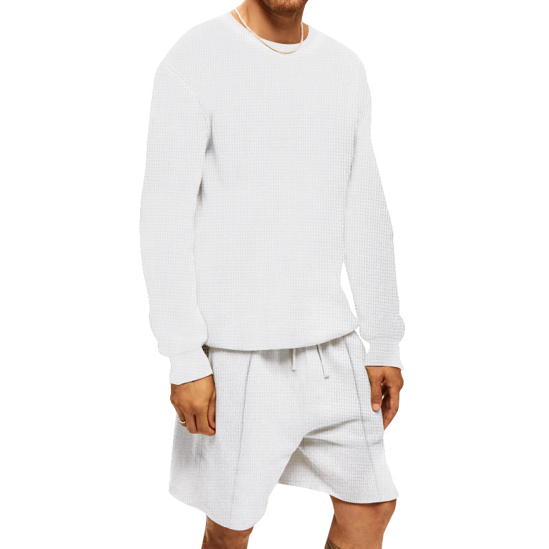 Estación independiente Camiseta europea y americana de manga larga de gofres verano traje deportivo casual de los hombres pantalones cortos de manga larga conjunto de dos piezas de los hombres