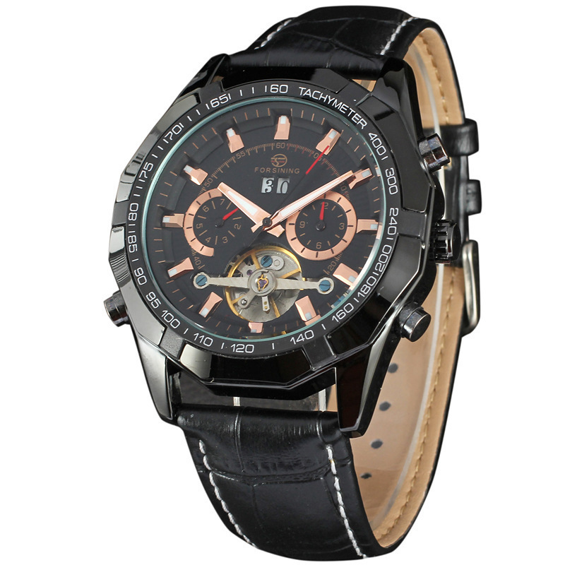 Forsining hombres moda casual gran dial Tourbillon reloj mecánico automático calendario semana reloj