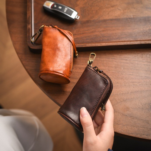 Top-layer cowhide car key case, top-layer vegetable-tanned leather vintage coin purse, genuine leather handmade waist bag