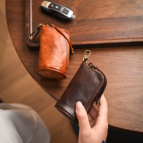 Top-layer cowhide car key case, top-layer vegetable-tanned leather vintage coin purse, genuine leather handmade waist bag