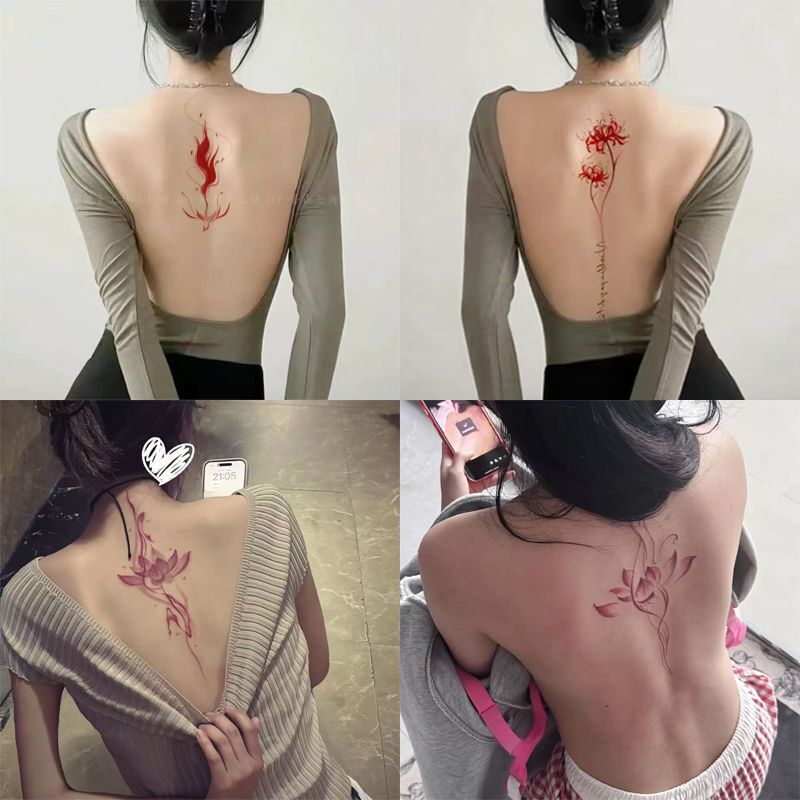Sexy Chinese-Style Lotus Back Tattoo with Phoenix and Spider Lily Designs, Waterproof and Long-Lasting, for Women, Suitable for Nude Back Photography Sexy Chinese-Style Lotus Back Tattoo with Phoenix and Spider Lily Designs, Waterproof and Long-Lasting, for Women, Suitable for Nude Back Photography