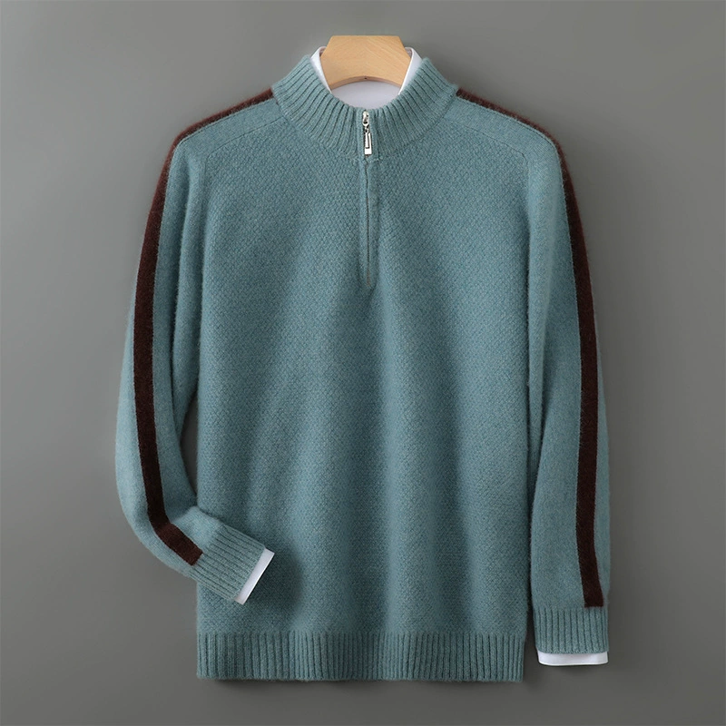 450 г шерстяной свитер мужской 2024 осень-зима 100% овечий свитер полувысокой молнии с круглым вырезом трикотажный свитер оптом