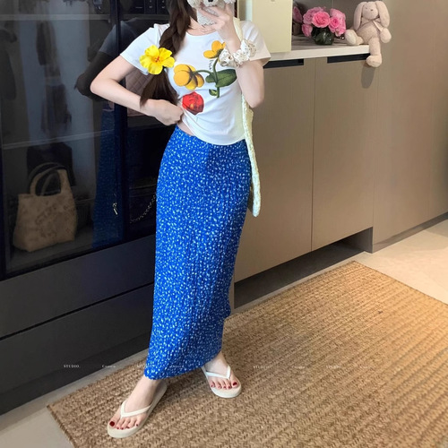 2025 Sweet Fashion Set White Print Short Sleeve T-Shirt Women Summer Floral Half-Skirt Bodycon Dress Two-Piece Set