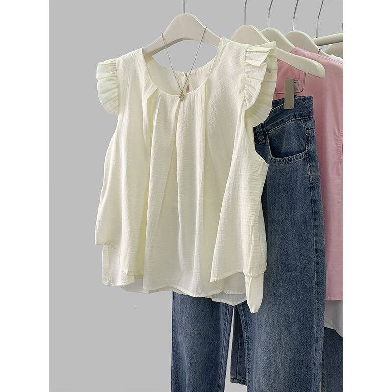 Apricot-Colored Flutter-Sleeve Ruffled Doll Shirt, Sleeveless Blouse for Women, Summer French Design, Niche Short Top Apricot-Colored Flutter-Sleeve Ruffled Doll Shirt, Sleeveless Blouse for Women, Summer French Design, Niche Short Top