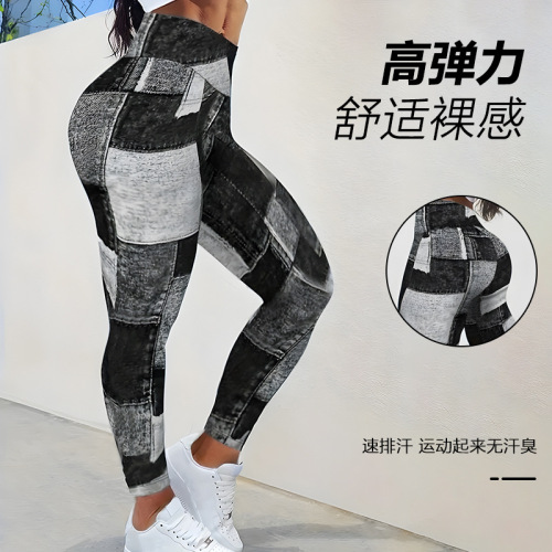 Amazon best-selling plaid patchwork printed yoga fitness pants high-waisted hip-lifting tight leggings cross-border