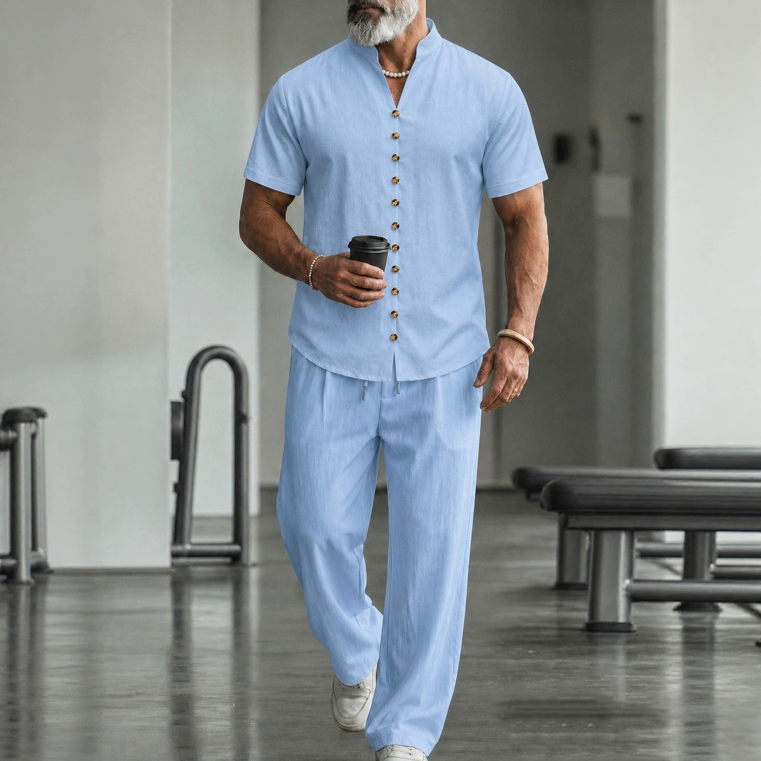 Leinenhemd und Hose für Herren, einfarbig, lässig-modischer Kurzarmanzug für den täglichen Weg zur Arbeit_voghion.com
