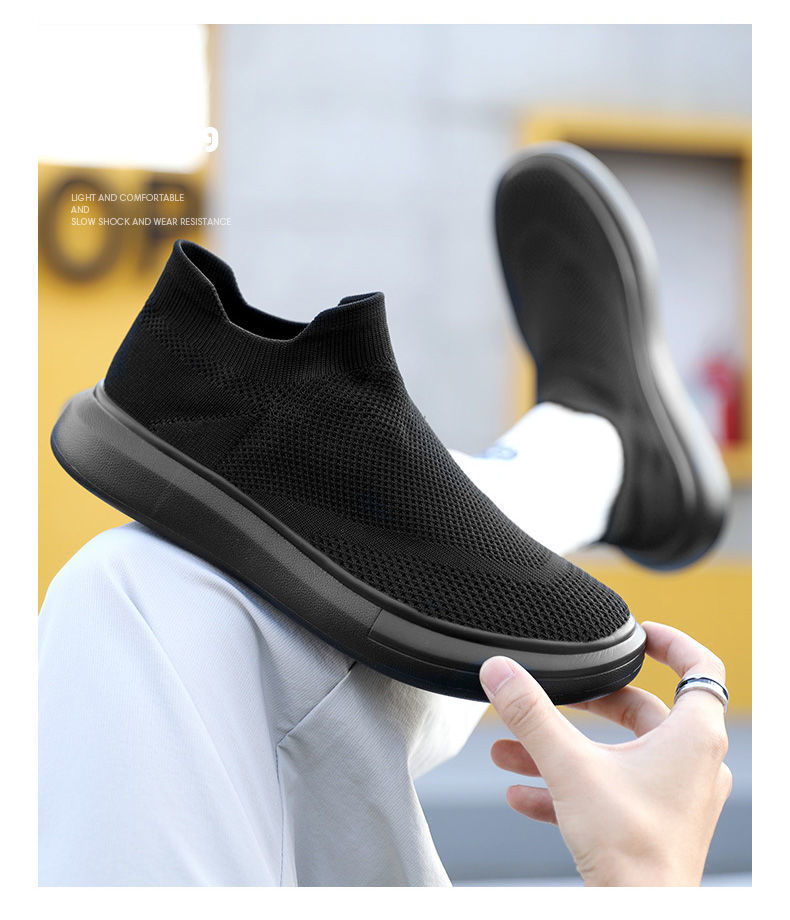 All black 45 breathable large size fly woven lazy foot men's sports and leisure shoes_voghion.com