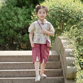 夏季童装女童新款民国旗袍套装民族风两件套女孩花枝国风套装配包