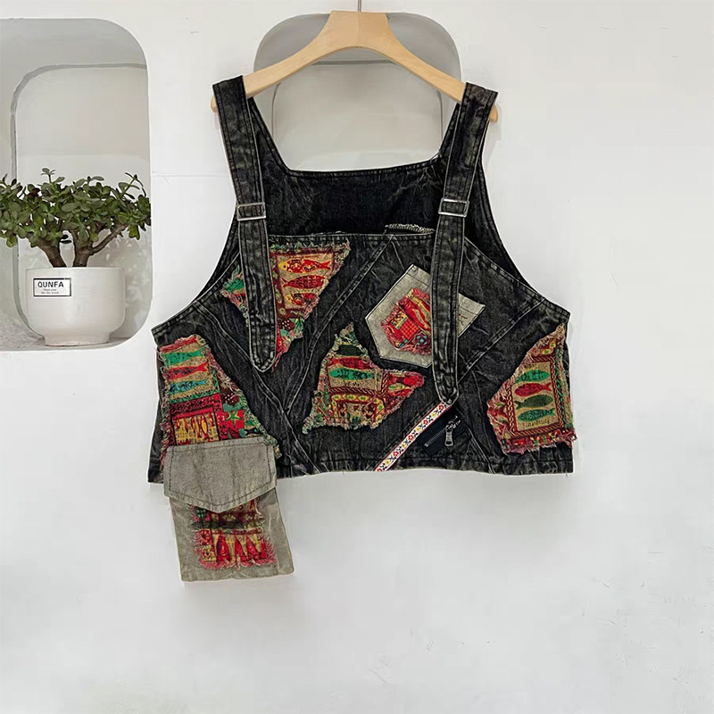Impresión retro extranjera junta de vaqueros chaleco de piernas anchas pantalones de trapazo de dos piezas para mujeres de verano personalidad set de moda