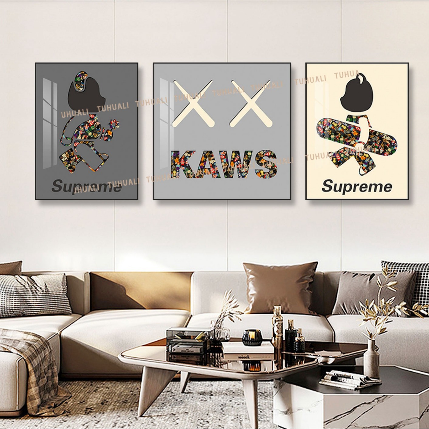 Bloques de construcción de Lego pintura real sala de estar triple pintura decorativa sofá fondo de pared explosivo oso dormitorio niños dibujos animados colgando pintura