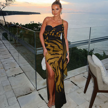 欧美跨境秋冬新款女装复古气质性感网纱修身露背开叉印花连衣裙