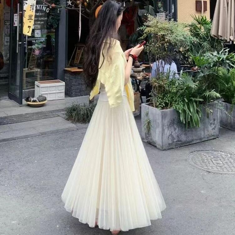 2025新款春秋粉色a字纱裙高腰中长款网纱半身裙女超仙伞裙垂感|undefined