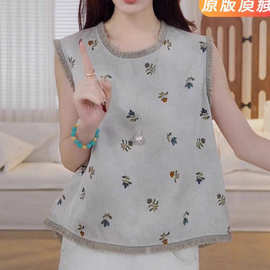 甜美复古风重工流苏印花无袖衬衫女2026夏季新款韩版圆领系带背心