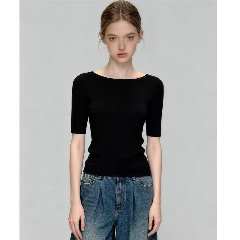 Minimalist High-Class Style Black Off-Shoulder Ice Silk Knit Short-Sleeve T-Shirt for Women, Summer Slim-Fit Stretchy Stunning Top Minimalist High-Class Style Black Off-Shoulder Ice Silk Knit Short-Sleeve T-Shirt for Women, Summer Slim-Fit Stretchy Stunning Top