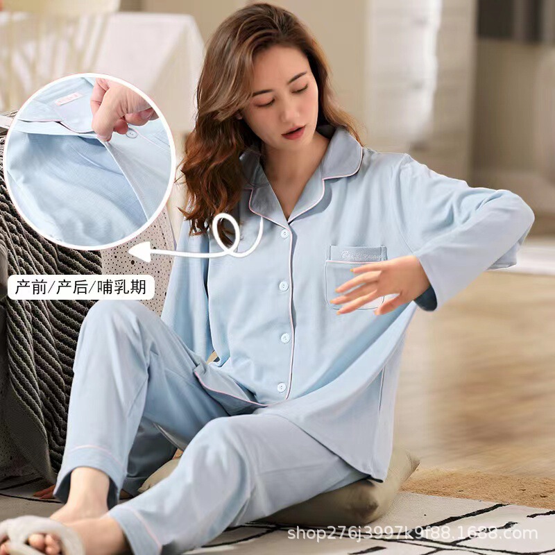 Pre-Morning Knitted Pure Cotton Monthly Clothing Prenatal and Postpartum Breastfeeding Clothing Pregnant Women Cotton Suit Home Clothes