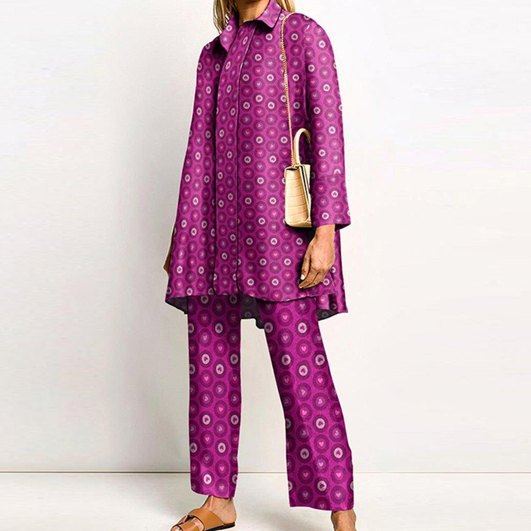 Abbigliamento da donna primavera ed estate temperamento strada stampa camicia a maniche lunghe moda casual abito due pezzi set_voghion.com