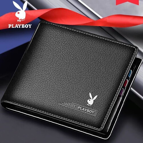 Playboy wallet, men's leather wallet, young students 'horizontal style, trendy authentic short wallet, thin style