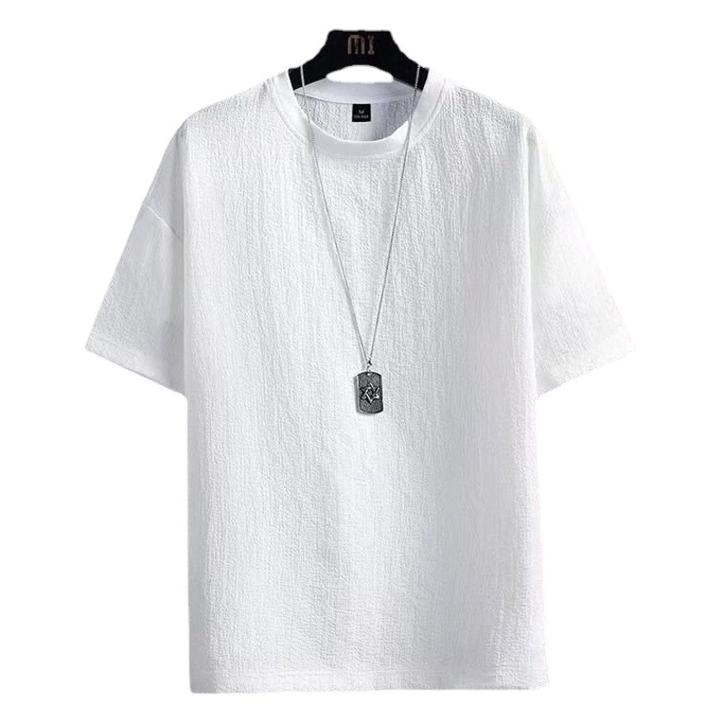 Camiseta de manga corta de seda helada para hombre, camisa básica holgada de color liso de algodón y lino para verano, manga tres cuartos blanca, exclusiva para ventas transfronterizas.