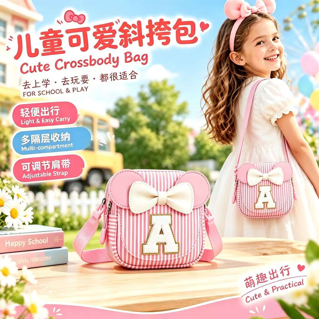 Popular Bowknot Letter Stripe Children's Crossbody Bag Cartoon Mini Fashionable Cute Children's Shoulder Bag Crossbody Bag