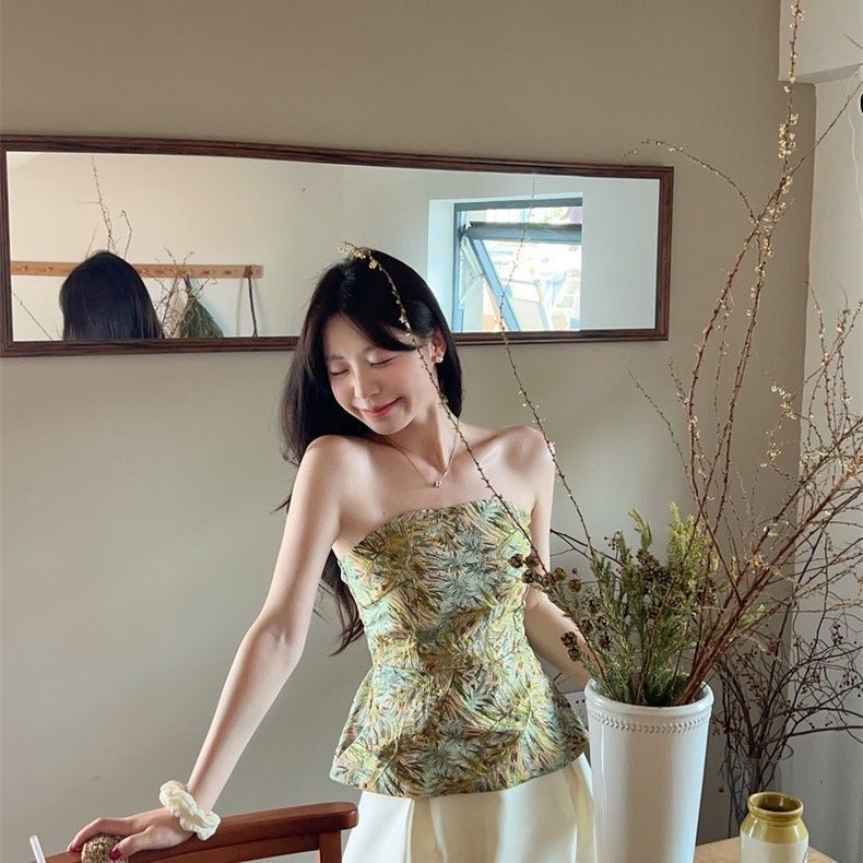 アウターウェア新しい中国風の季節プリントノースリーブトップキャミソール女性の夏の新しいスタイル美しい 2025 美しいチューブトップ中国風|undefined