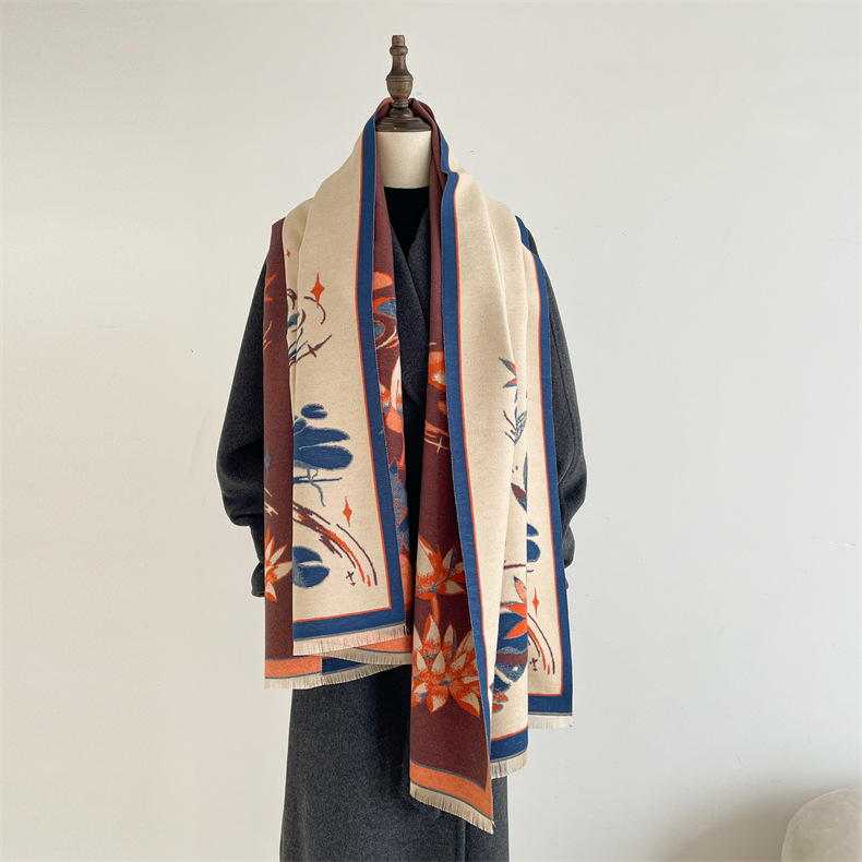 Kashmirhandkänsla för kvinnor, höst och vinter kinesisk stil lotusdamm varm imiterad kashmirhalsduk, tjock dubbelsidig_voghion.com