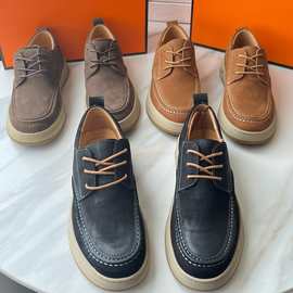 莞产老渠道E家新款绒面磨砂牛皮乐福男鞋手工编织拉菲草舒适透气