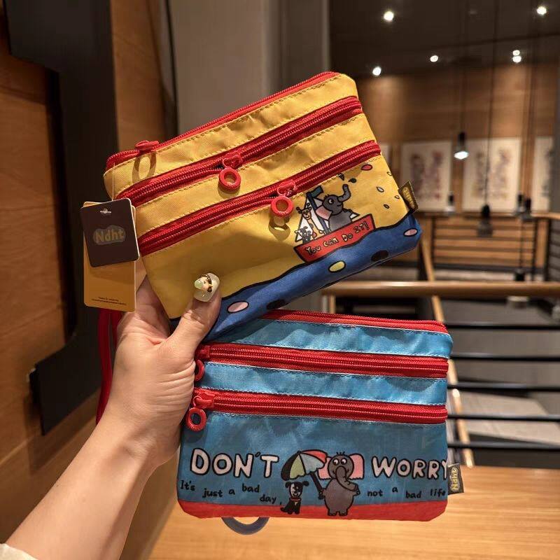 Cute cartoon three-layer zipper storage bag, travel handbag, ID bag, multifunctional card bag, makeup bag, coin purse