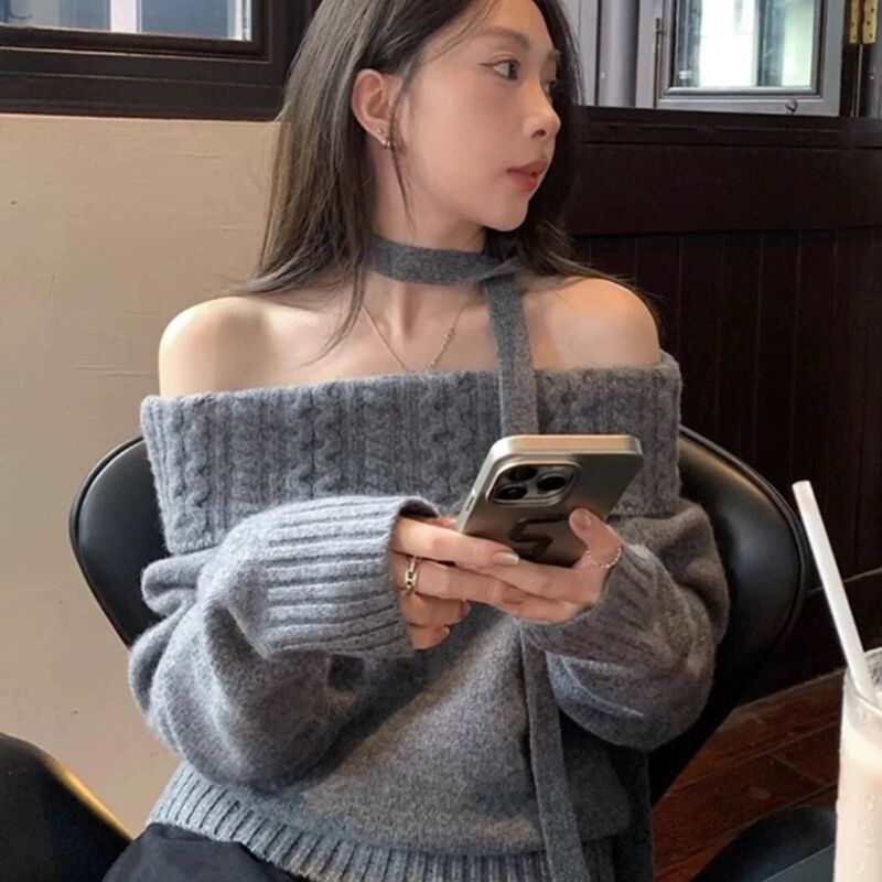 Grey Design Sense Shoulder Hanging Neck Sweater Women's Autumn and Winter New Lazy High-end Sense Loose Knit Top Grey Design Sense Shoulder Hanging Neck Sweater Women's Autumn and Winter New Lazy High-end Sense Loose Knit Top