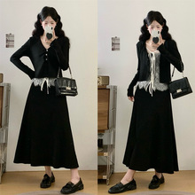 肥柒柒大码女装胖mm2025新款拼接蕾丝针织衫上衣黑色半裙显瘦套装