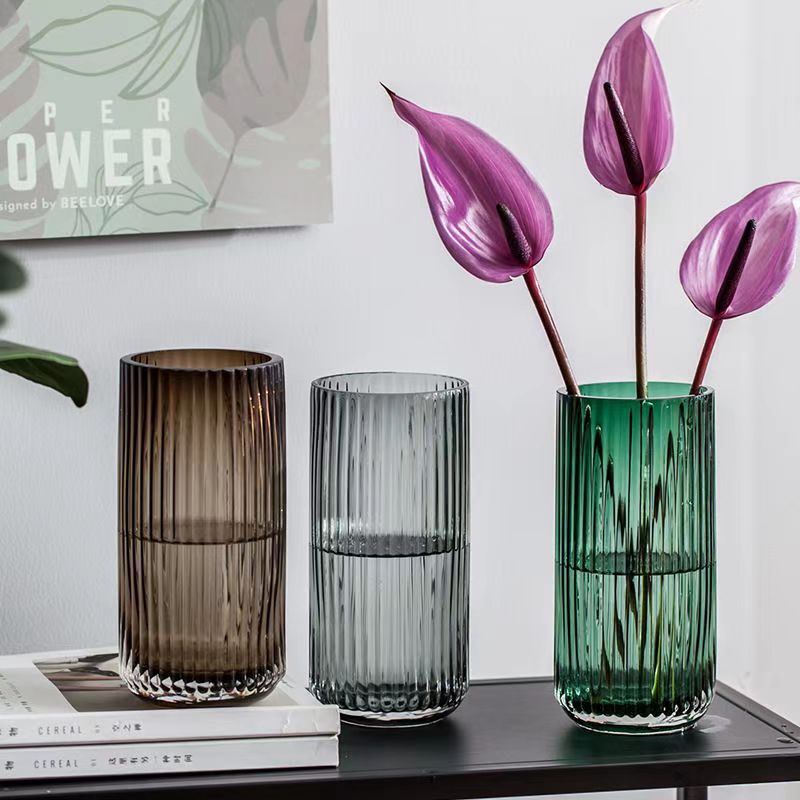 Light Luxury Glass Vase Nordic Ornaments Modern Simple Living Room Flower Flower Arranging Flower Household Vertical Striped Straight Tube