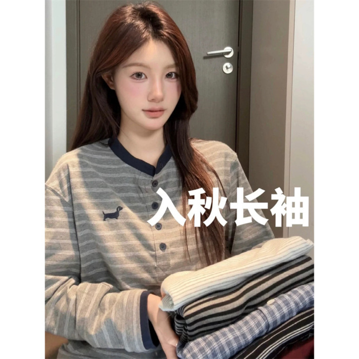 韩系复古学院风条纹撞色新款纽扣长袖t恤衫女秋2025新款百搭上衣|undefined