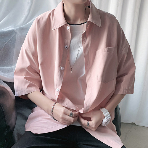 Short-sleeved shirt, men's Hong Kong style, Japanese summer five-sleeve shirt, Korean style, fashionable ins, handsome shirt, casual coat