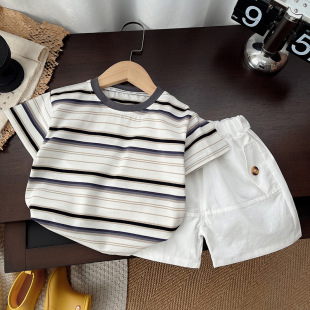 Baby Boy Short-Sleeved Girl Summer Suit Western Style 2025 Kidsren's New Cartoon Korean Style Stripesd Two-Piece Kidsren's Clothing