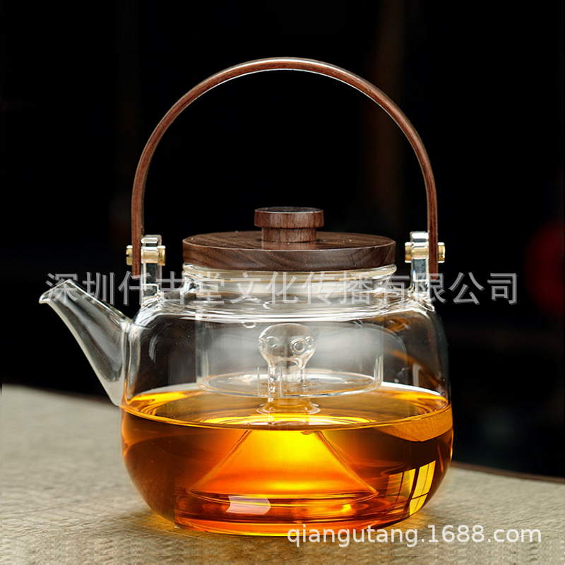 实木提梁玻璃壶电陶炉煮茶壶烧水800m煮茶器蒸汽茶壶花茶壶玻璃壶