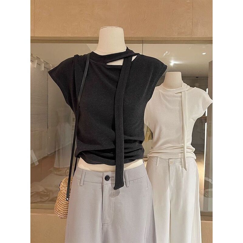 Super Feel Modal Cotton Black Halterneck Cut Out Flying Sleeve Short-Sleeved T-Shirt Women's Summer Slim Short Right Shoulder Top