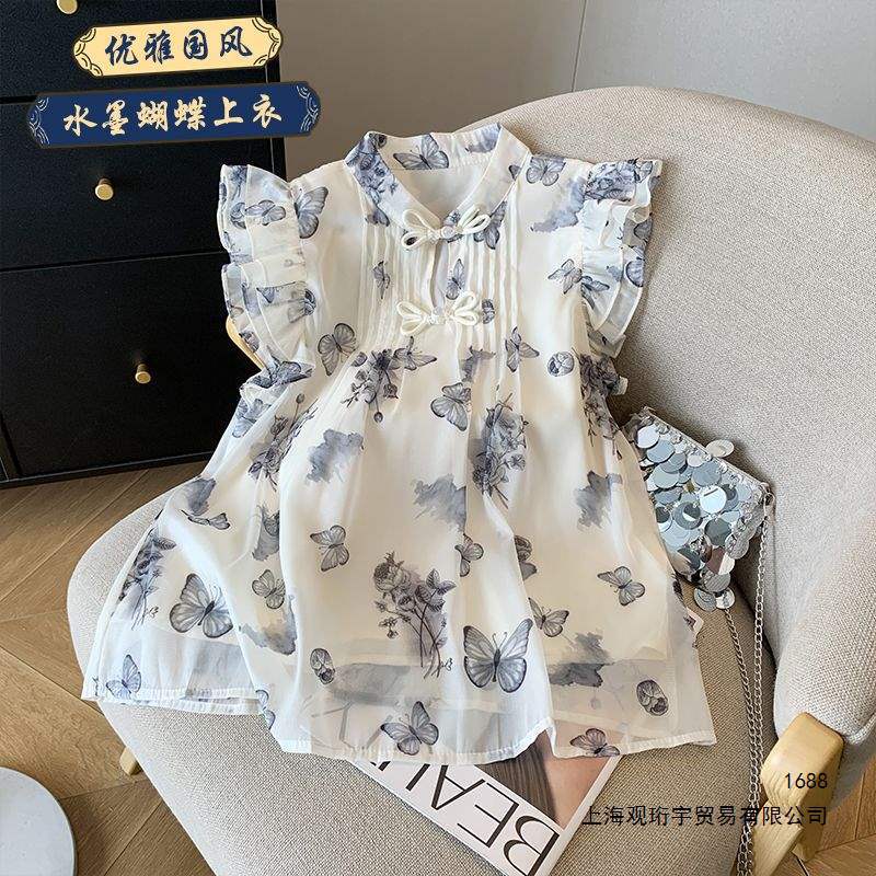 Girls' Summer Thin Chiffon Top 2026 New Style Chinese Style Ink Painting Butterfly Blouse with Flutter Sleeves Babydoll Shirt