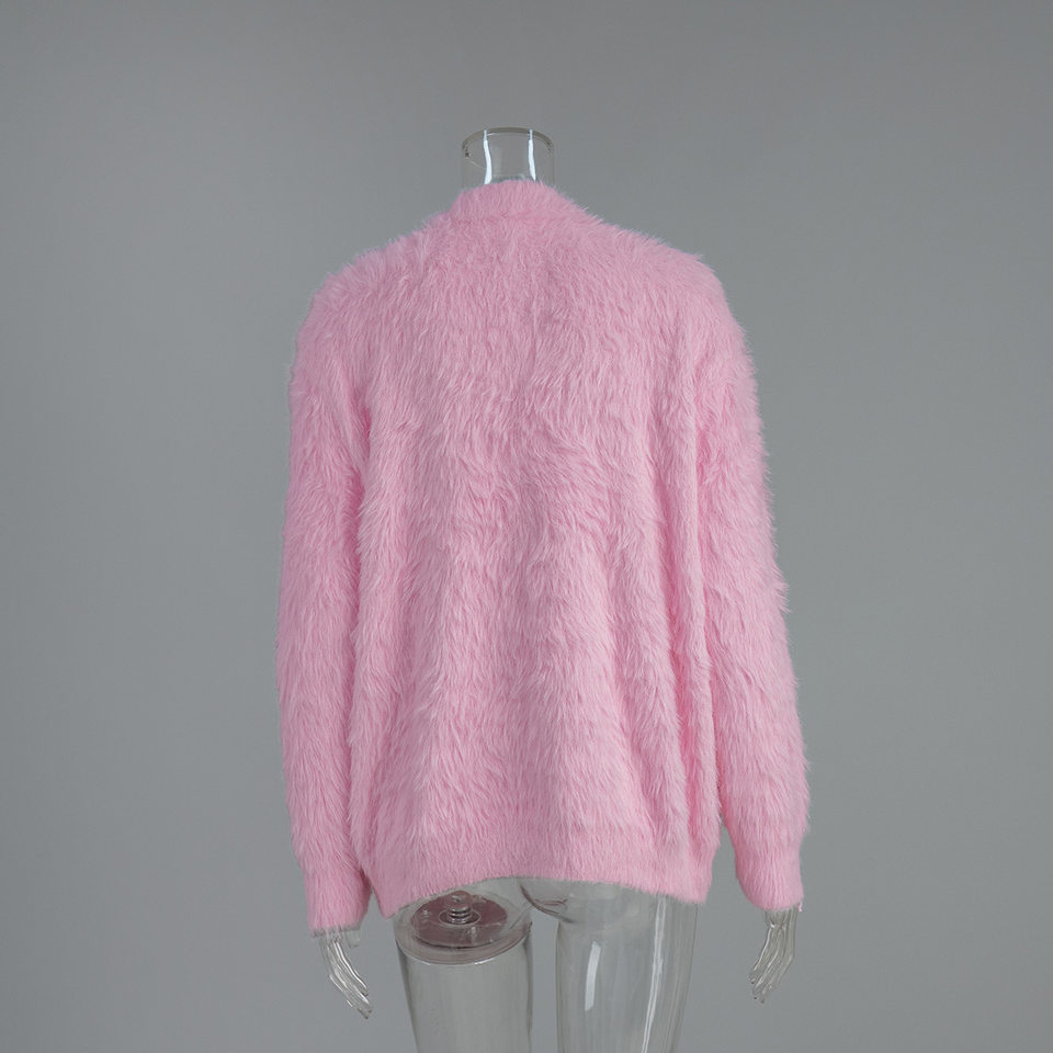 Áo cardigan len dệt kim giả lông chồn cổ V tay dài form rộng nữ — Màu hồng, Màu kaki, Màu trắng, Màu xám nhạt chi tiết 7