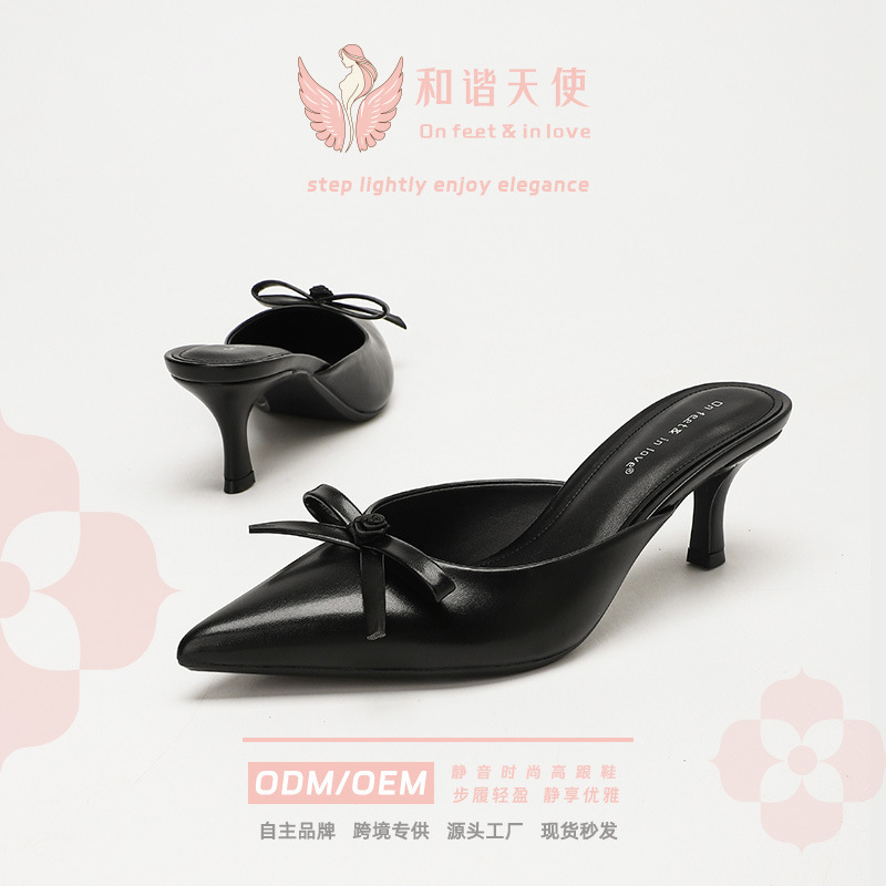 On Feet& in Love Bow-Tie Pointed-Toe Mules for Women, Black Pu, Light Pink Mirror Finish, Thin High Heels, High-Heeled Sandals On Feet& in Love Bow-Tie Pointed-Toe Mules for Women, Black Pu, Light Pink Mirror Finish, Thin High Heels, High-Heeled Sandals