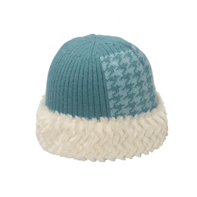 Koreansk version trend tusind fugl plaid patchwork fiskehue plys varm hue vinter strikket hue børn_voghion.com