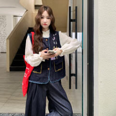衬衫阔腿长裤三件套刺绣新款秋马甲女卡通牛仔时尚无袖2025年减龄