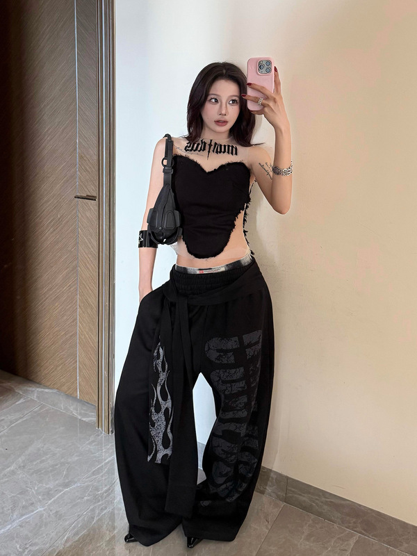 欧美火焰字母印花飘带弯刀卫裤女潮流宽松hiphop嘻哈跳舞爵士裤子|undefined