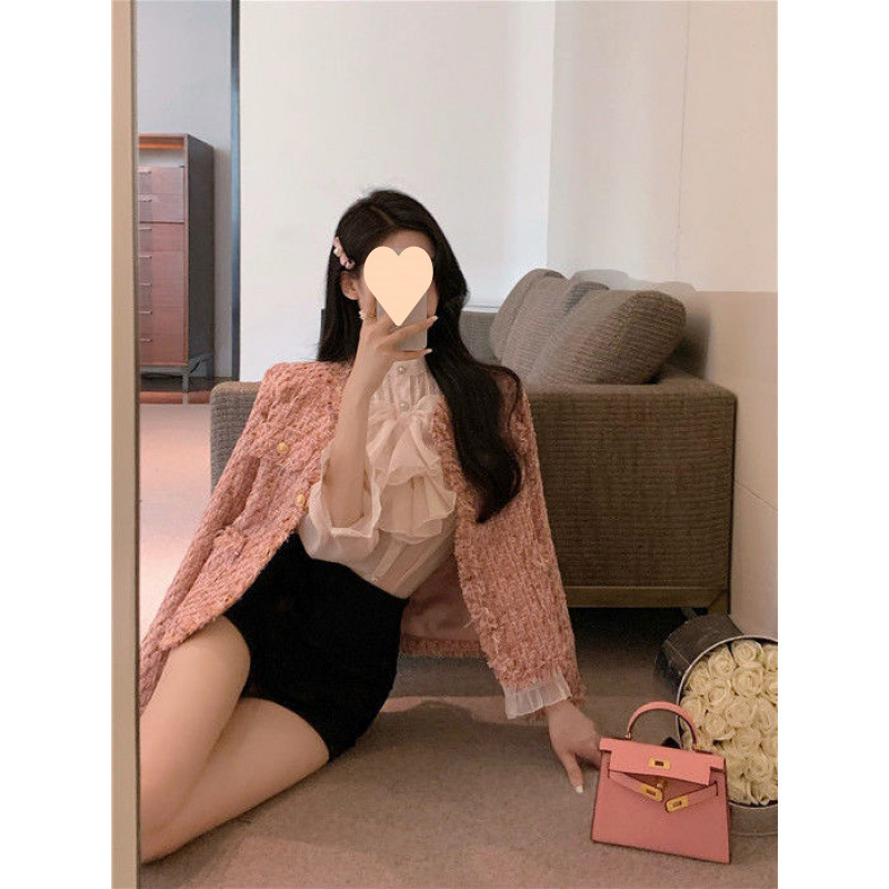 大码胖气质名媛小香风粉色短外套女春装显瘦宽松遮肉洋气上衣|undefined
