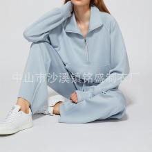 跨境欧美女式卫衣套装休闲半拉链运动衫阔腿运动裤时尚两件套定制