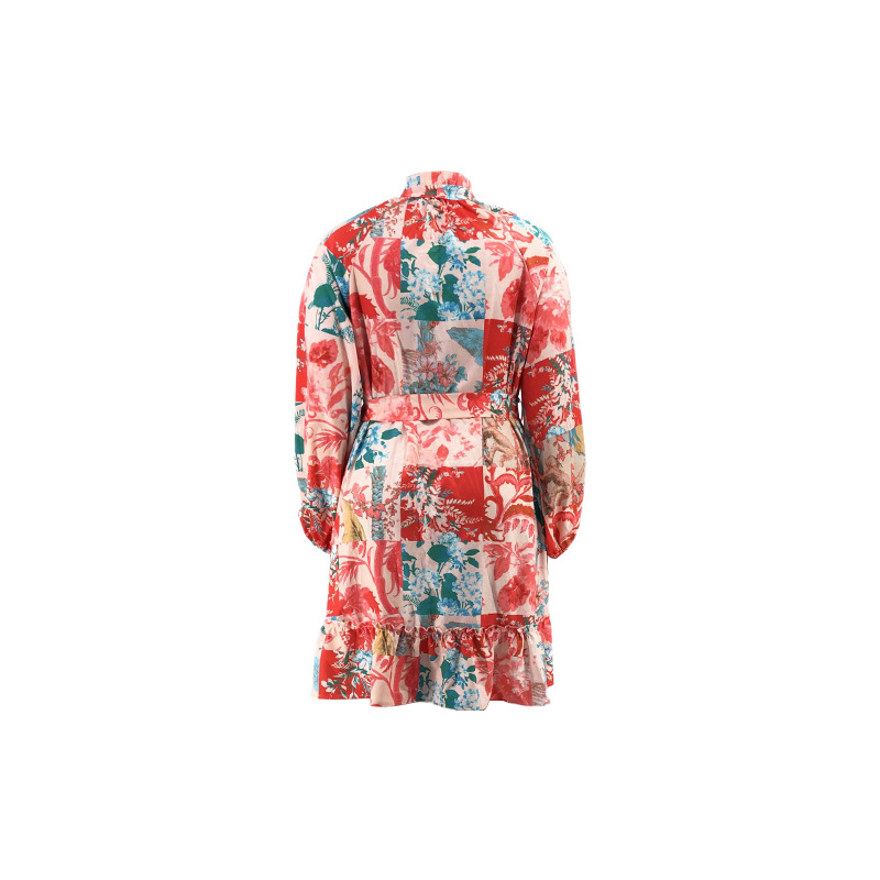 Swing Dress Commute Heaps Collar Printing Belt Long Sleeve Flower Above Knee Street display picture 6