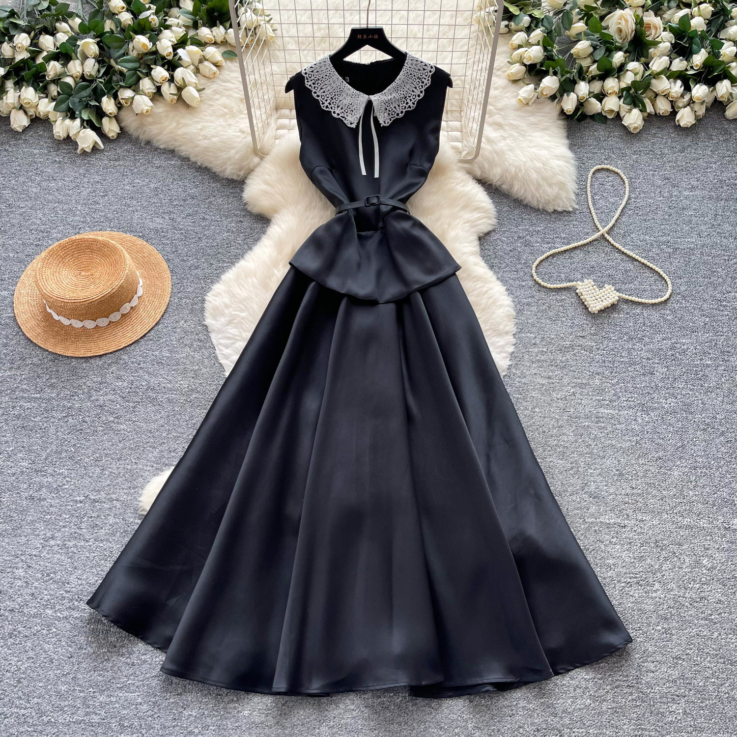 Elegant High-Waisted A-Line Dress Red Lace Peter Pan Collar Summer Commute Suitable Women's Clothing_ecoleips.com