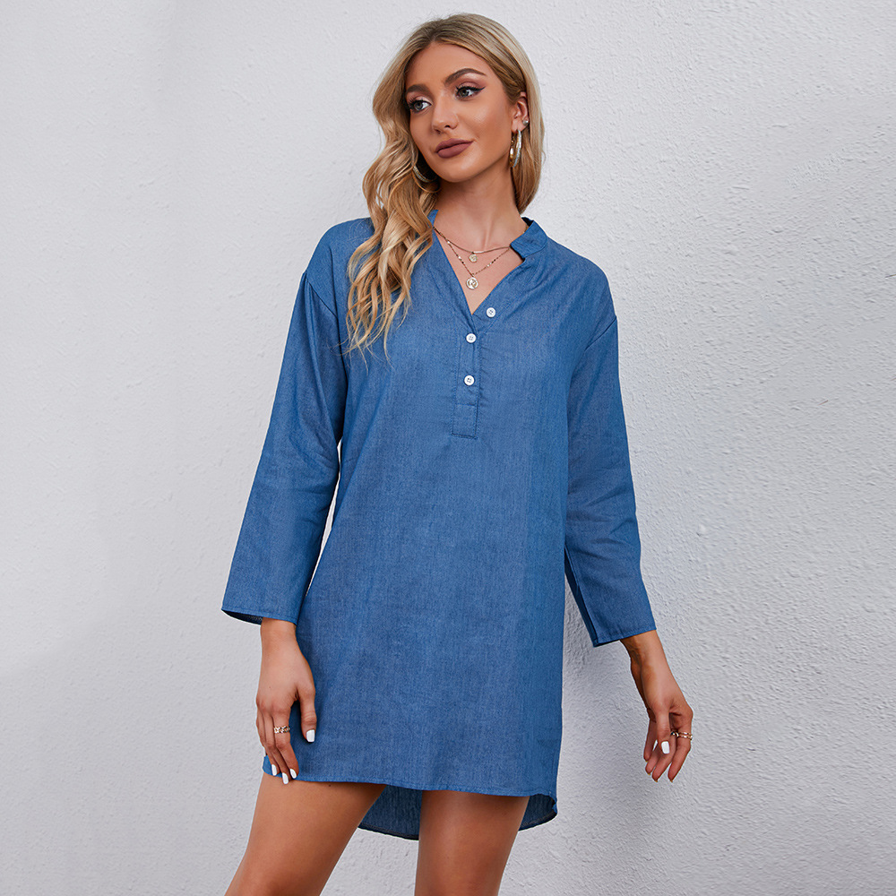 Front Button Roll-Up Long Sleeve Denim Dress NSJR100292