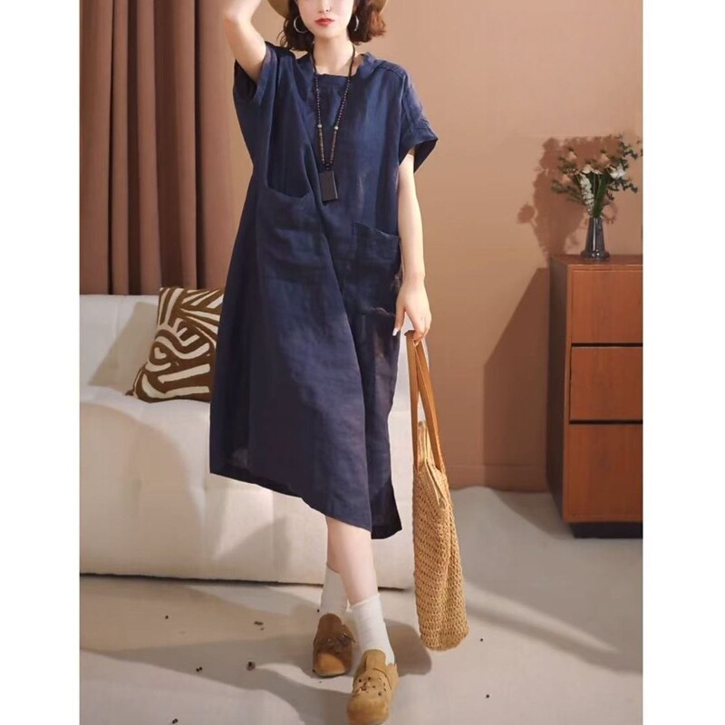 Summer New Linen Solid Color Round Neck Straight Dress with Large Pockets, Korean Style, Simple and Loose Fit, Flattering and Slimming Summer New Linen Solid Color Round Neck Straight Dress with Large Pockets, Korean Style, Simple and Loose Fit, Flattering and Slimming